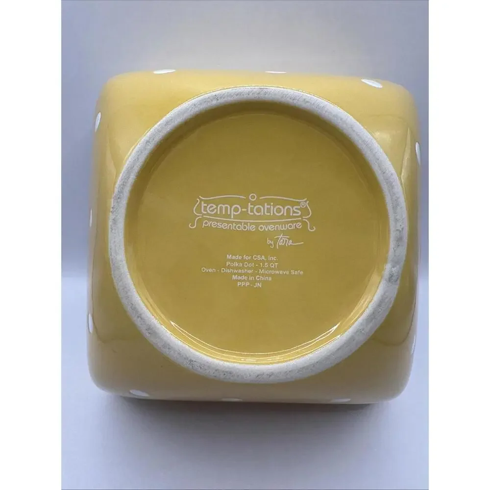 Temptations by Tara Ovenware  1QT /1.5 Qt  Square Bowls Yellow Polka Dot Lid